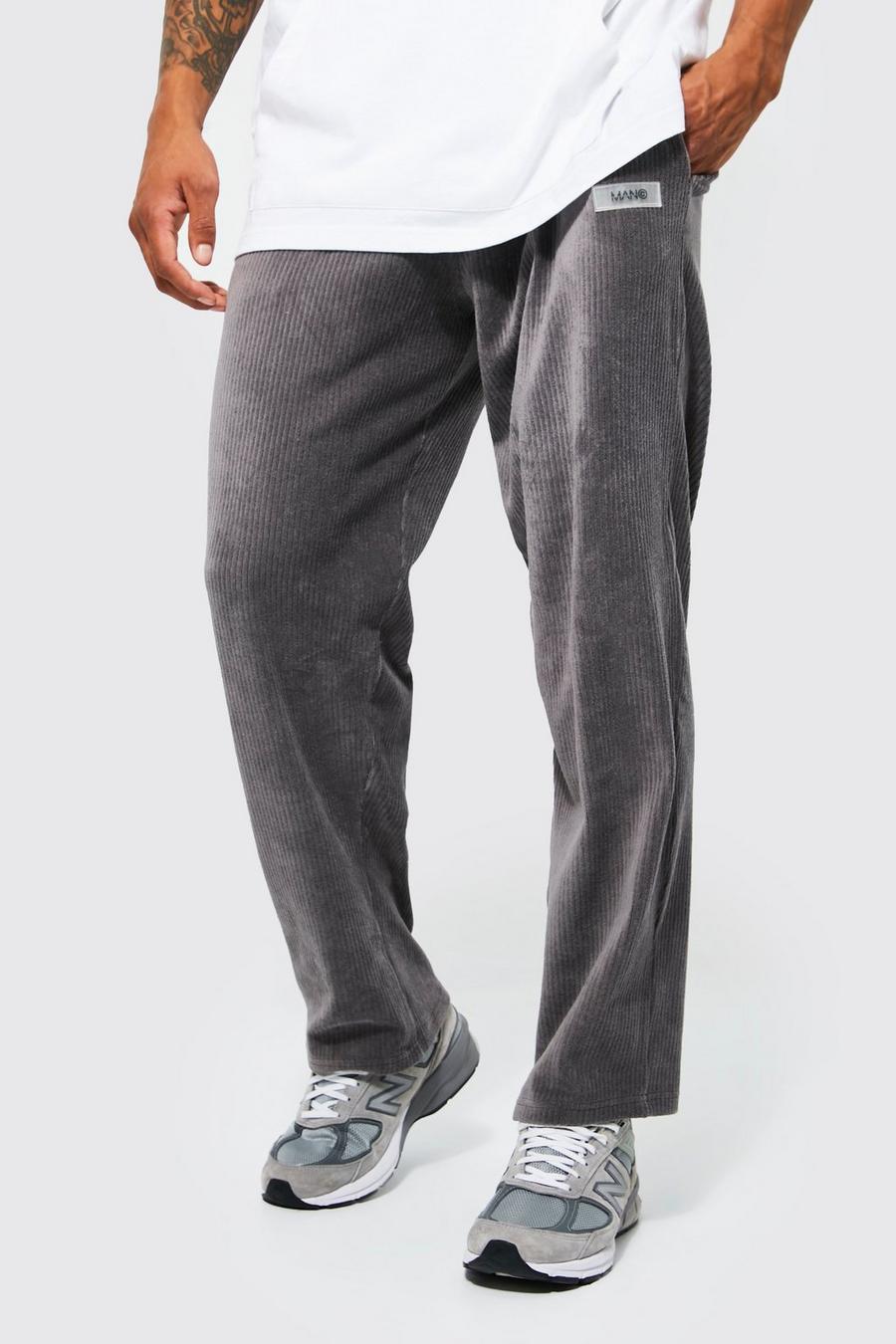 Pantalón deportivo recto de velvetón y canalé con emblema, Charcoal grigio