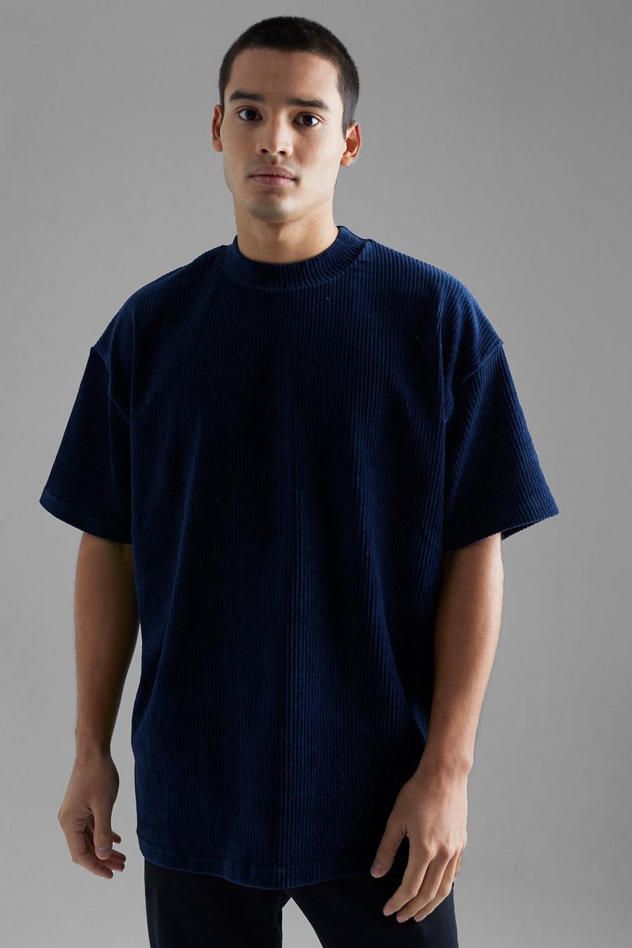 T-shirt oversize en velours côtelé à col montant, Navy image number 1