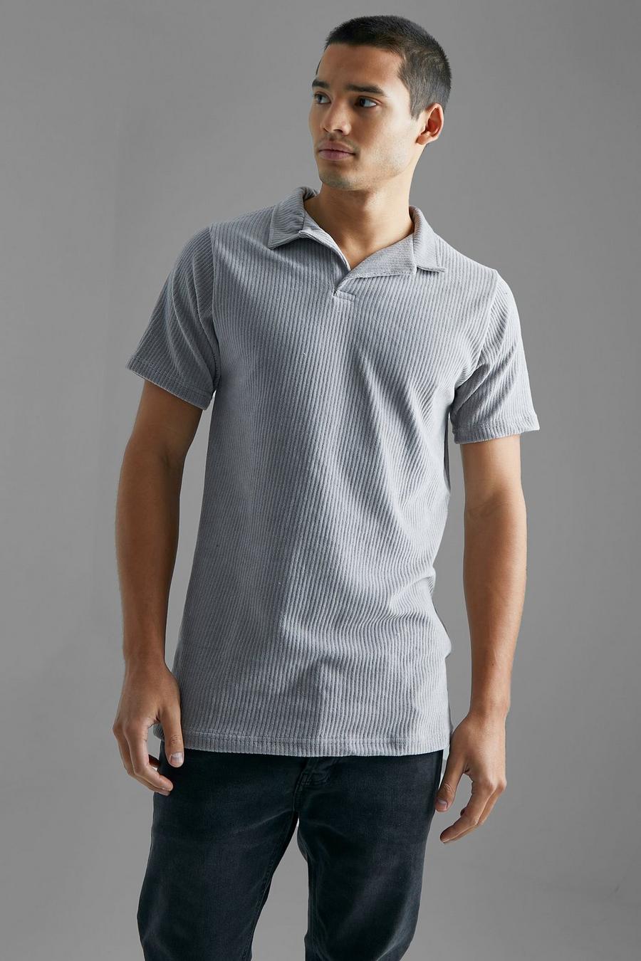 Grey Slim Fit Ribbed Velour Revere Polo image number 1