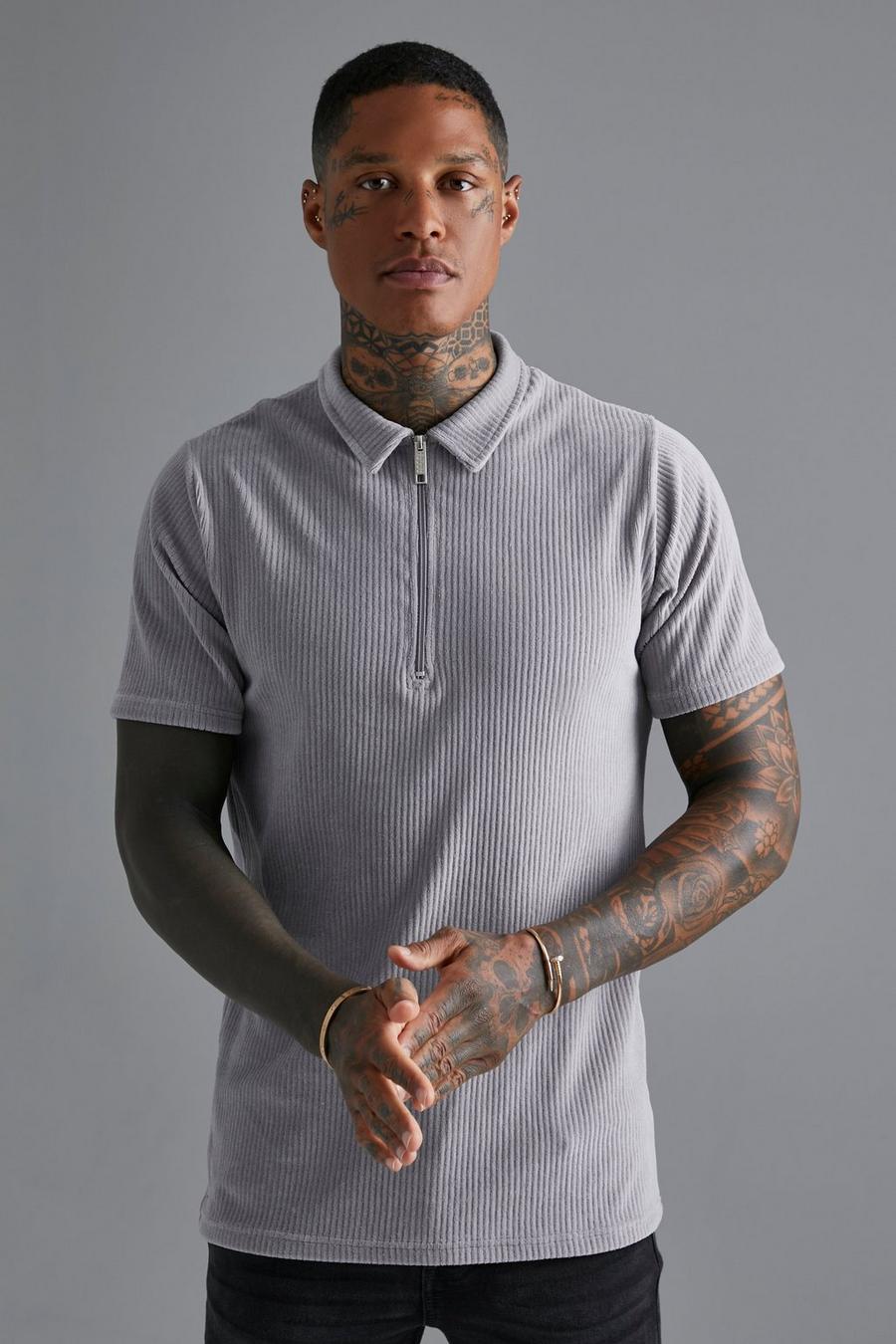 Grey Slim Fit Ribbed Velour Zip Polo image number 1