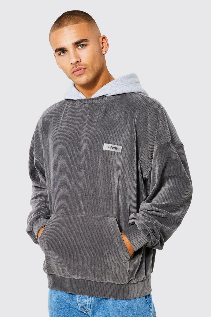 Charcoal Oversized Ribbed Velour Hoodie With Badge image number 1