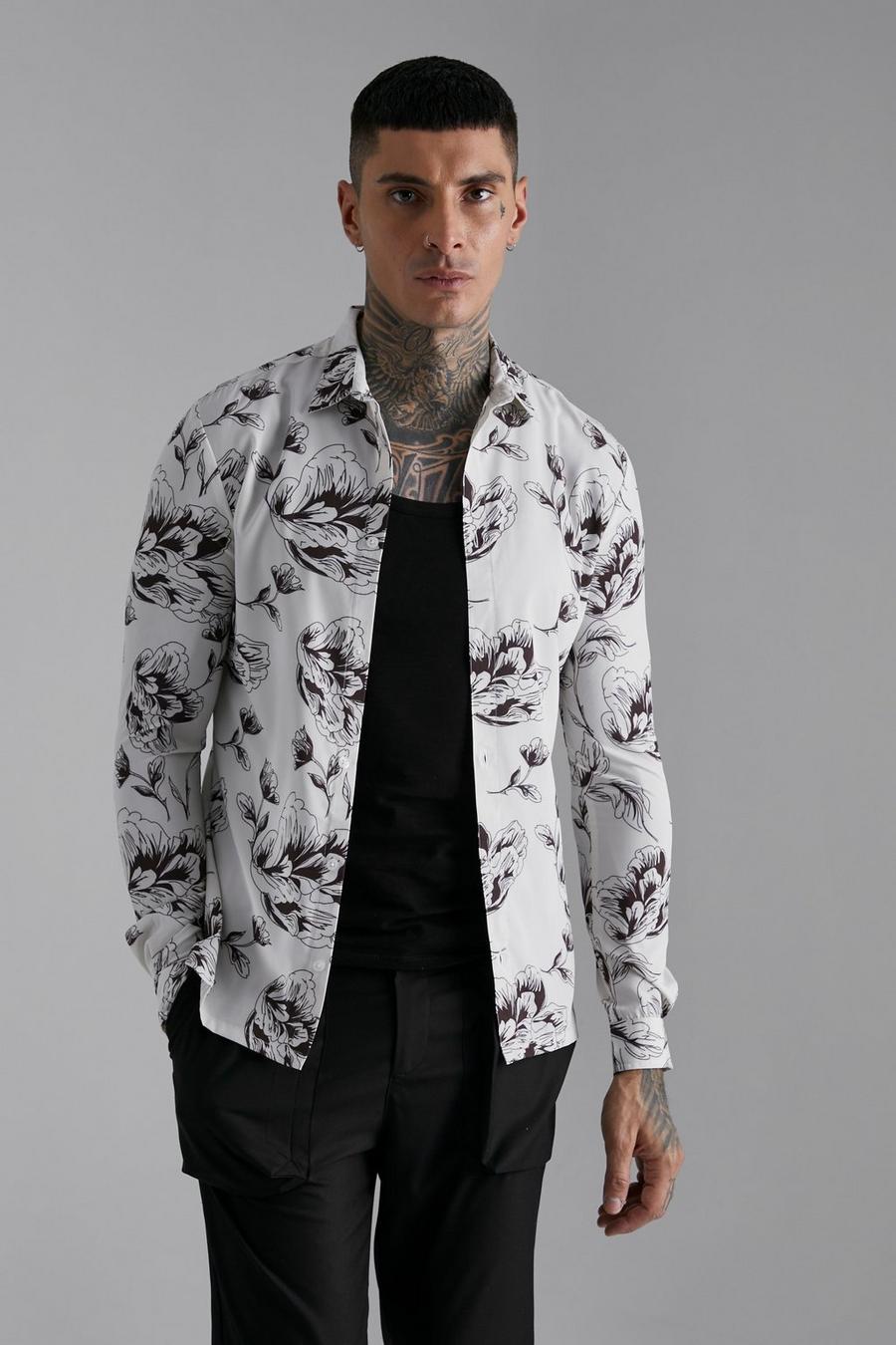 Beige Long Sleeve Muscle Fit Floral Print Shirt