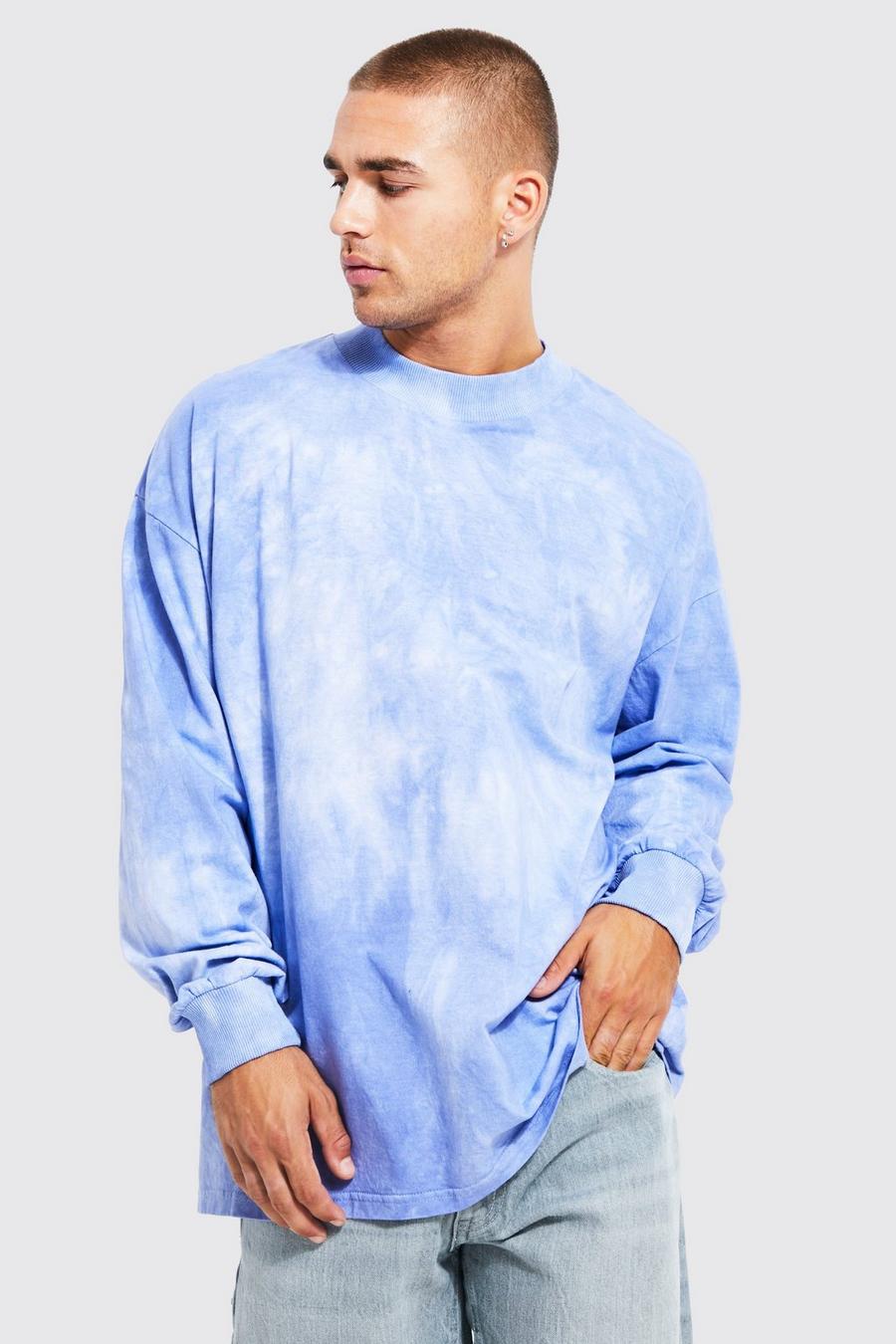Blue Oversize långärmad t-shirt med batikmönster image number 1