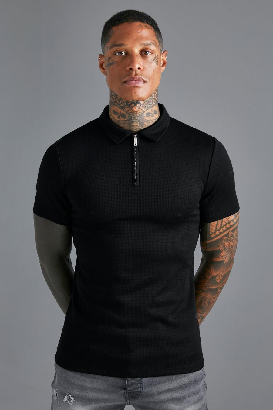 Black Jaquard Concealed Zip Muscle Fit Polo image number 1