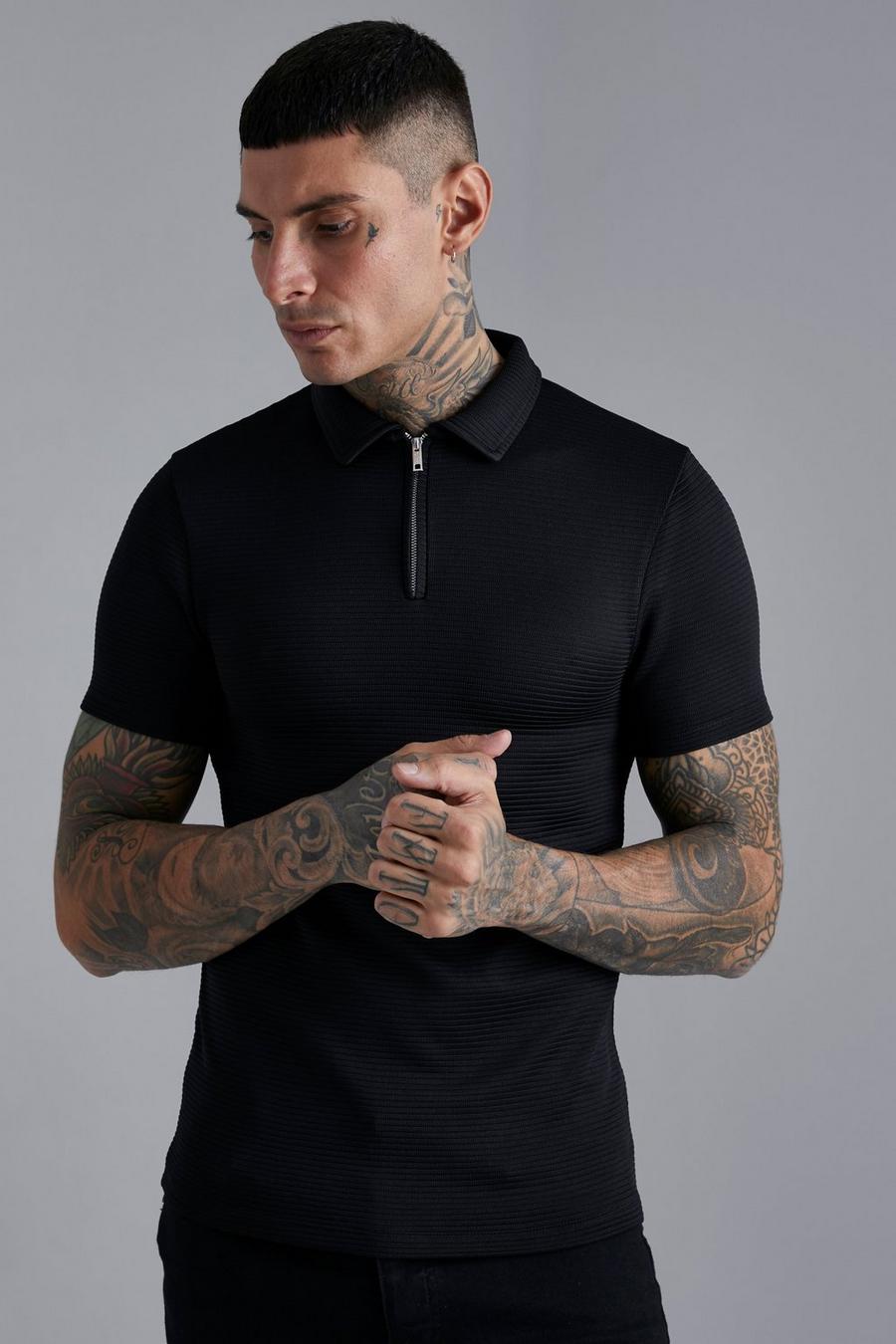 Black Ribbed Muscle Fit Polo image number 1