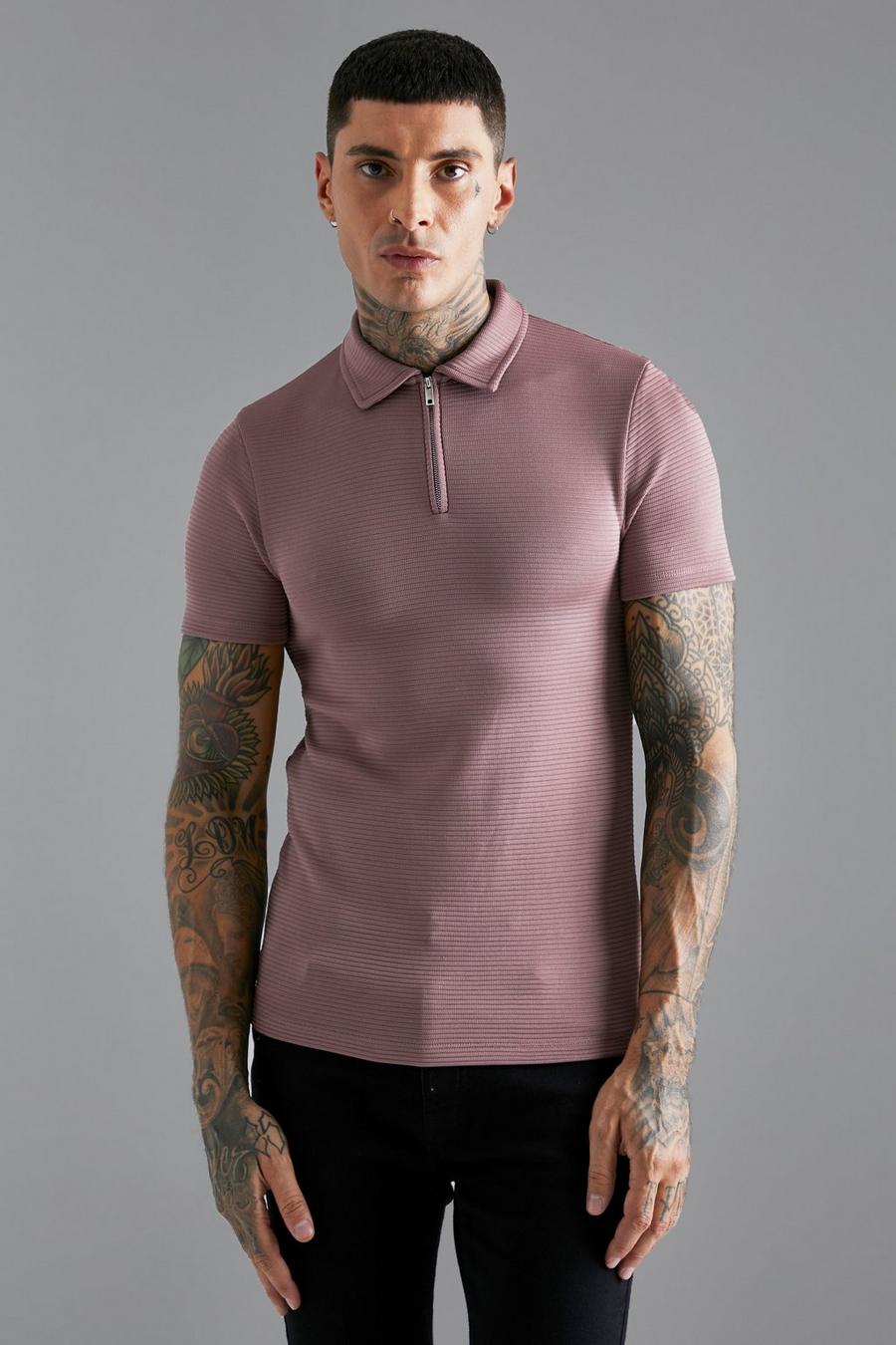 Mauve Ribbed Muscle Fit Polo image number 1
