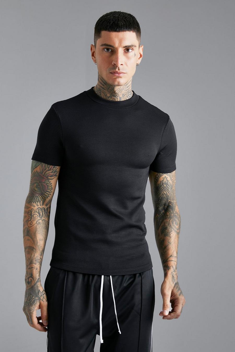 Black Ribbed Muscle Fit Extended Neck T-shirt image number 1
