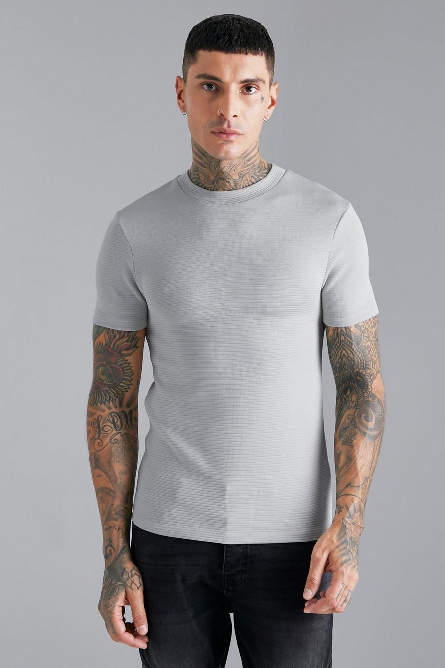 Light grey Ribbed Muscle Fit Extended Neck T-shirt image number 1
