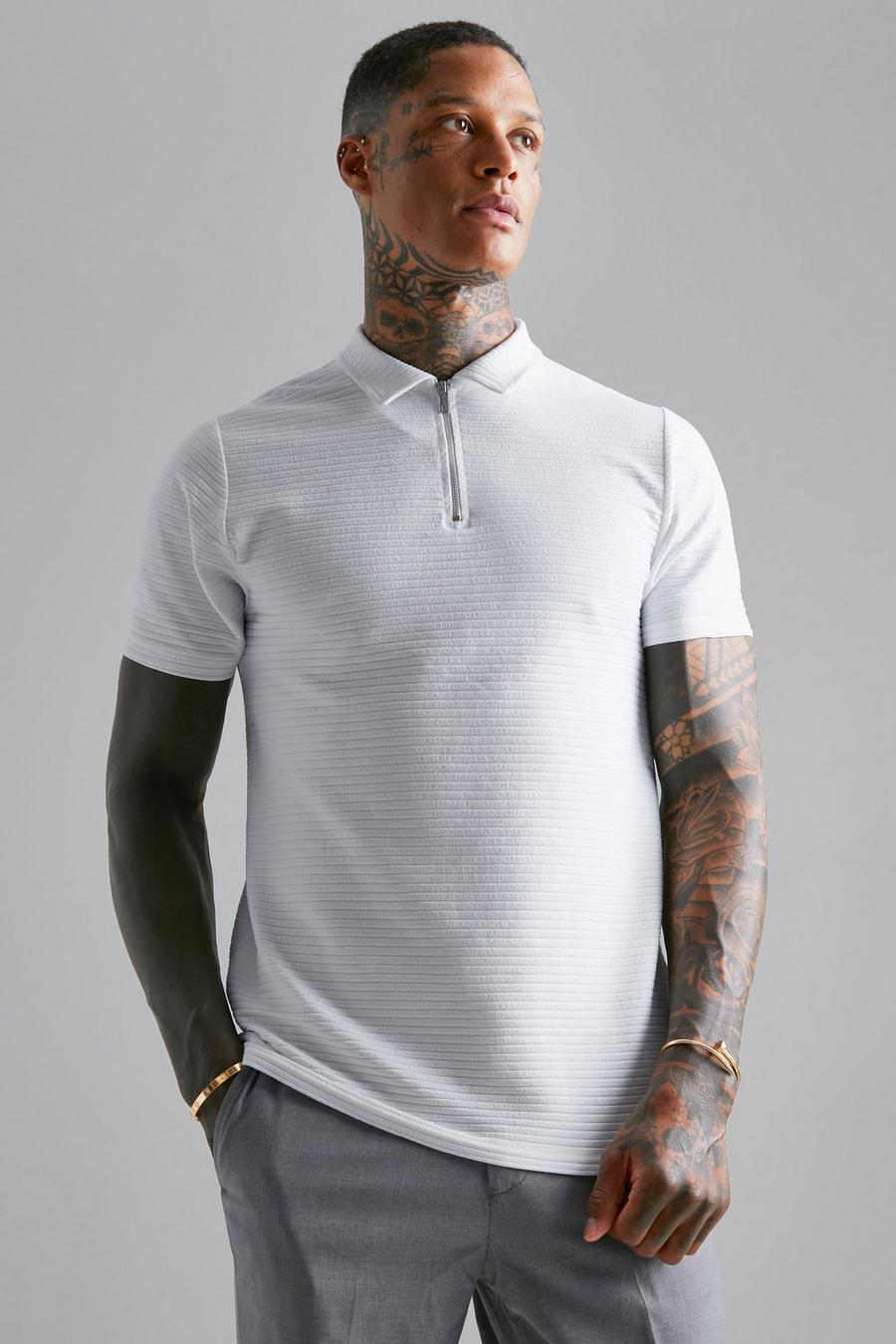 White Ribbed Slim Polo image number 1