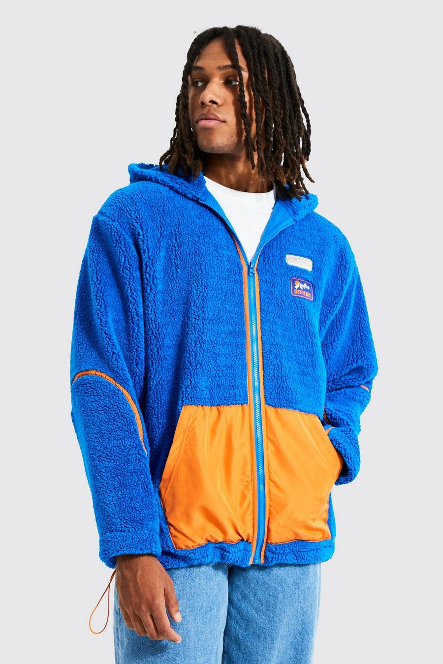 Cobalt blue Jersey Borg And Nylon Piped Bomber Jacket 