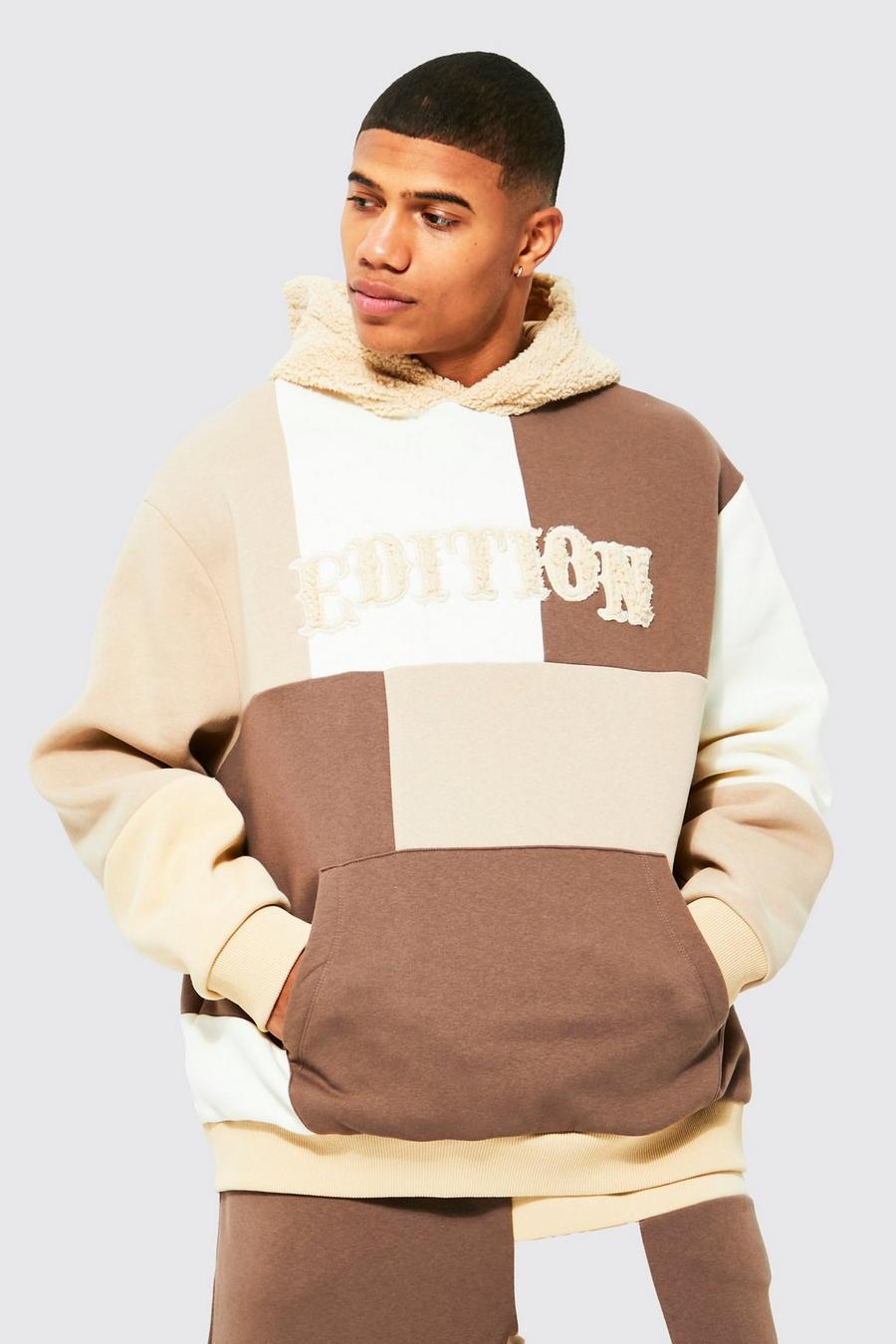 Neutral Oversized Panelled And Borg Hoodie image number 1