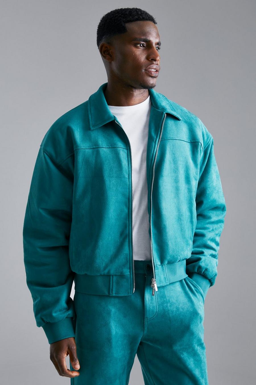 Green Faux Suede Boxy Collared Bomber image number 1