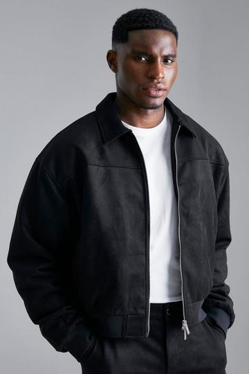 Black Faux Suede Boxy Collared Bomber Jacket