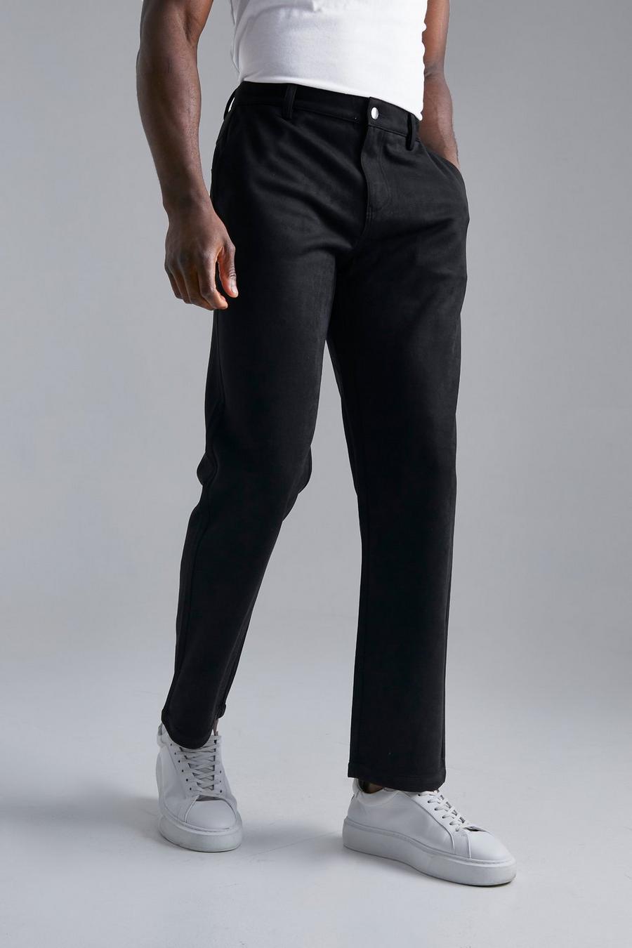 Black Fixed Waist Straight Faux Suede Trouser