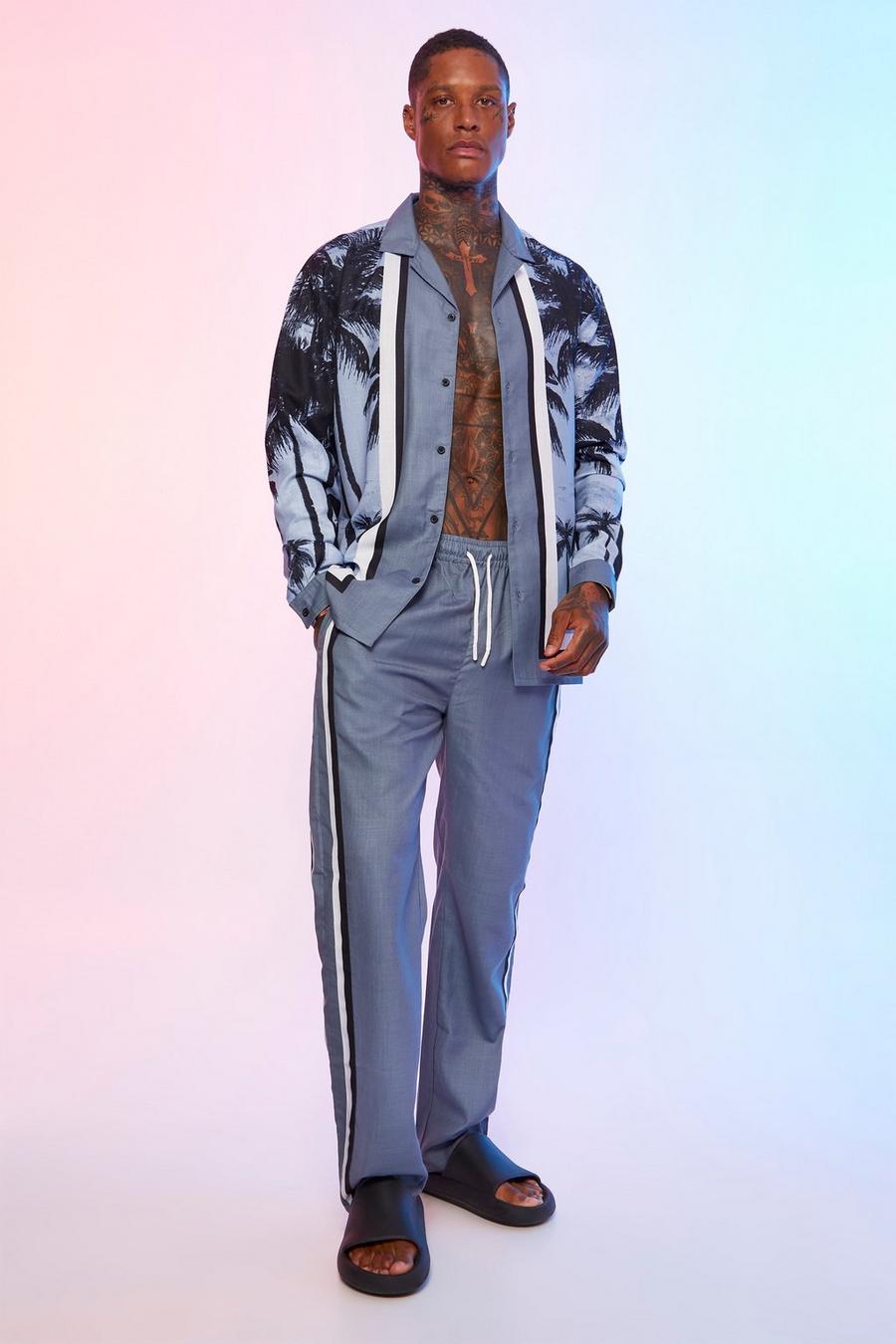 Charcoal grau Long Sleeve Oversized Slub Shirt And Trousers image number 1
