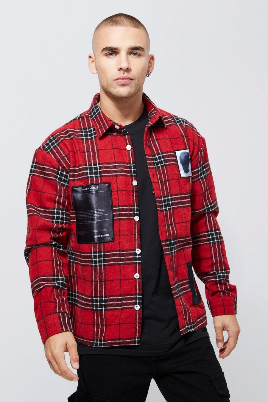 Red Boxy Tartan Overshirt With Patchwork Applique image number 1
