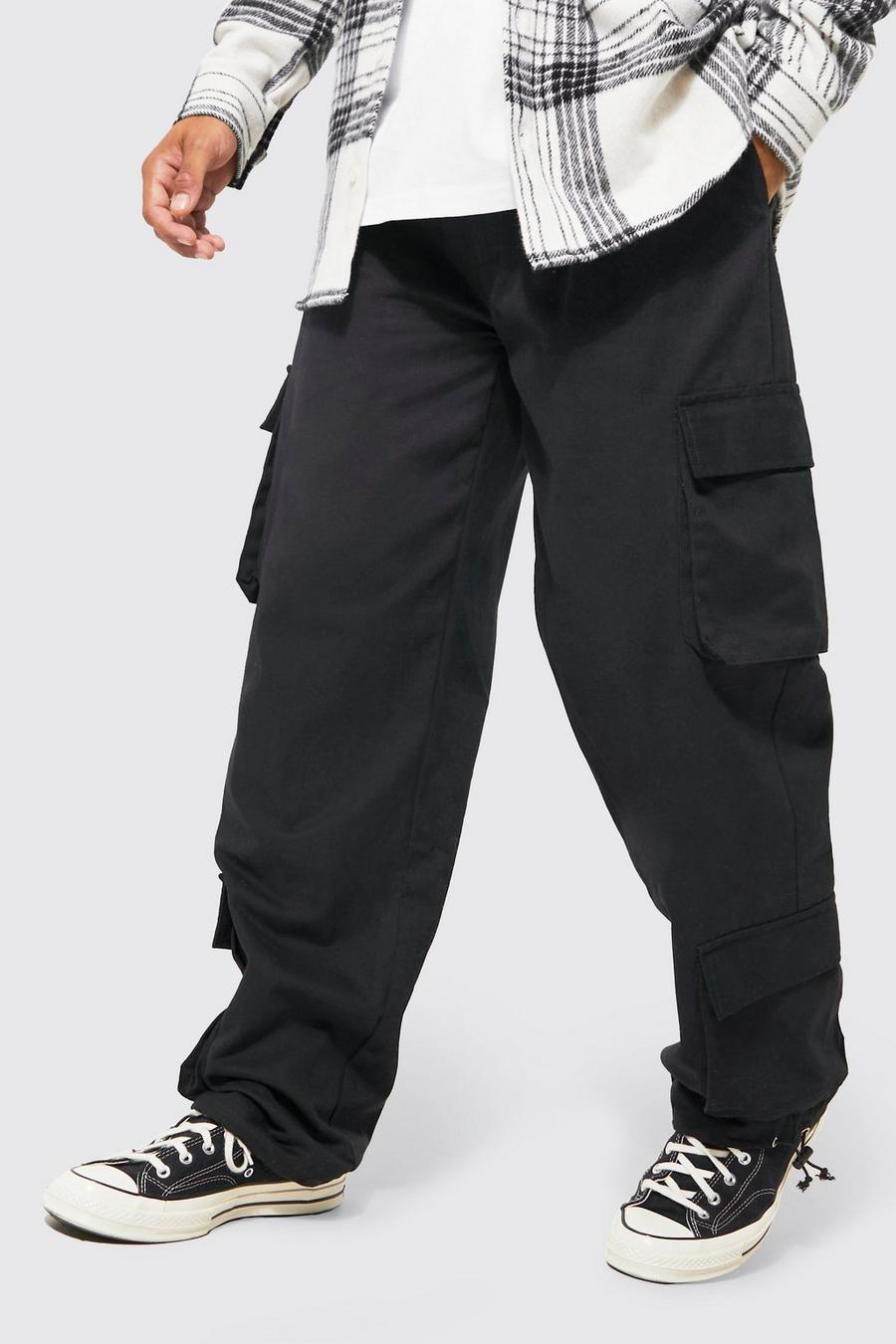 Black Fixed Waist Oversized Tie Hem Cargo Trouser image number 1
