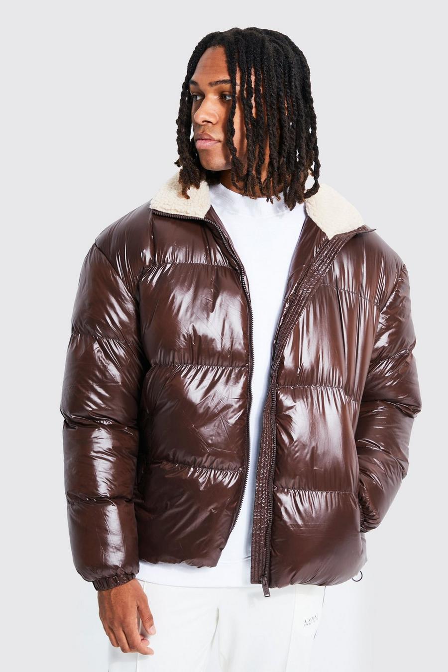 Chocolate brun Funnel Neck Puffer With Borg Collar