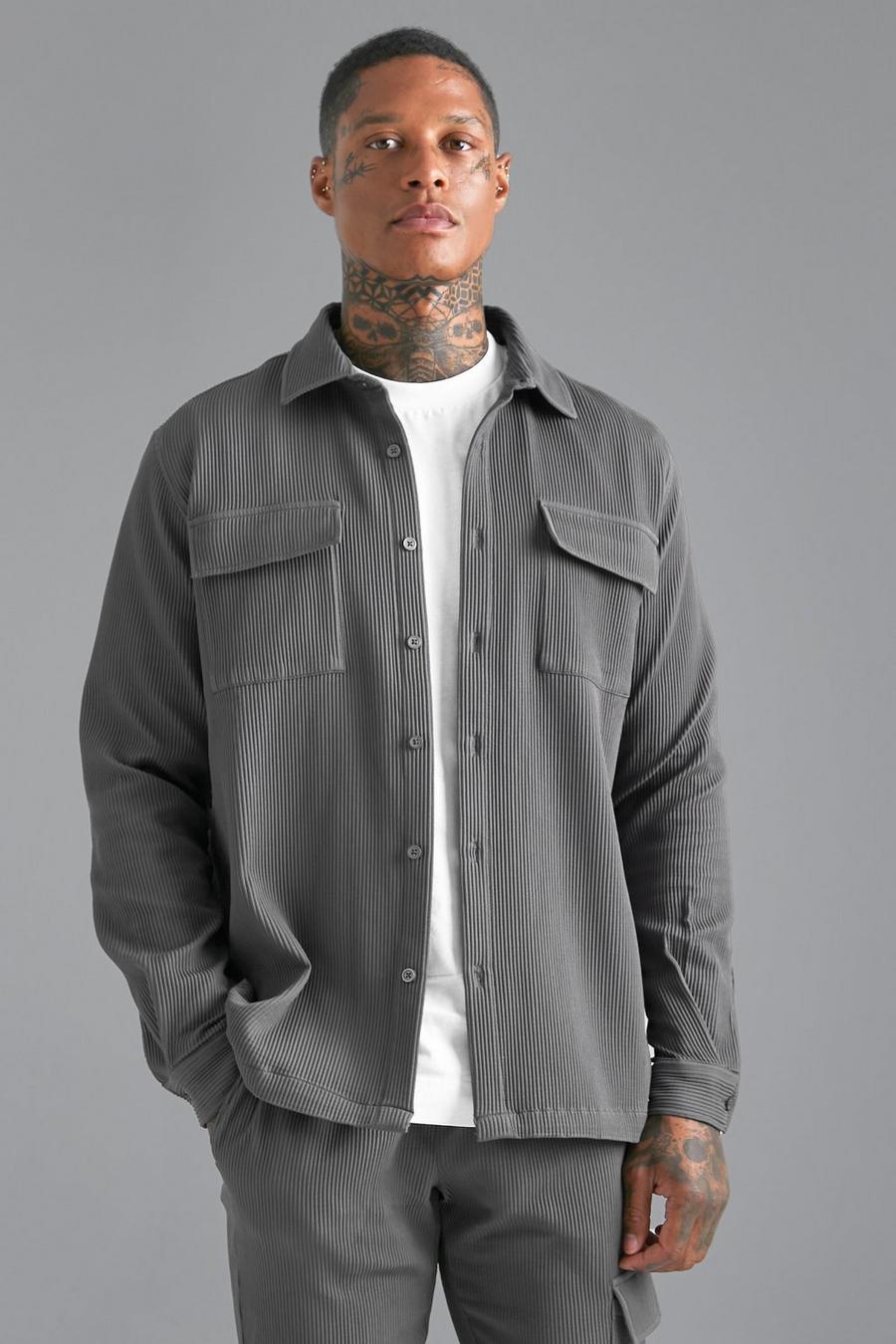 Dark grey Long Sleeve Overshirt Pleated Shirt image number 1