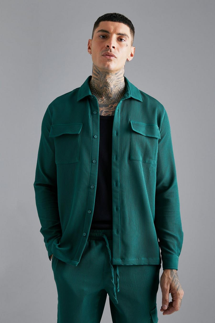 Forest green Long Sleeve Overshirt Pleated Shirt