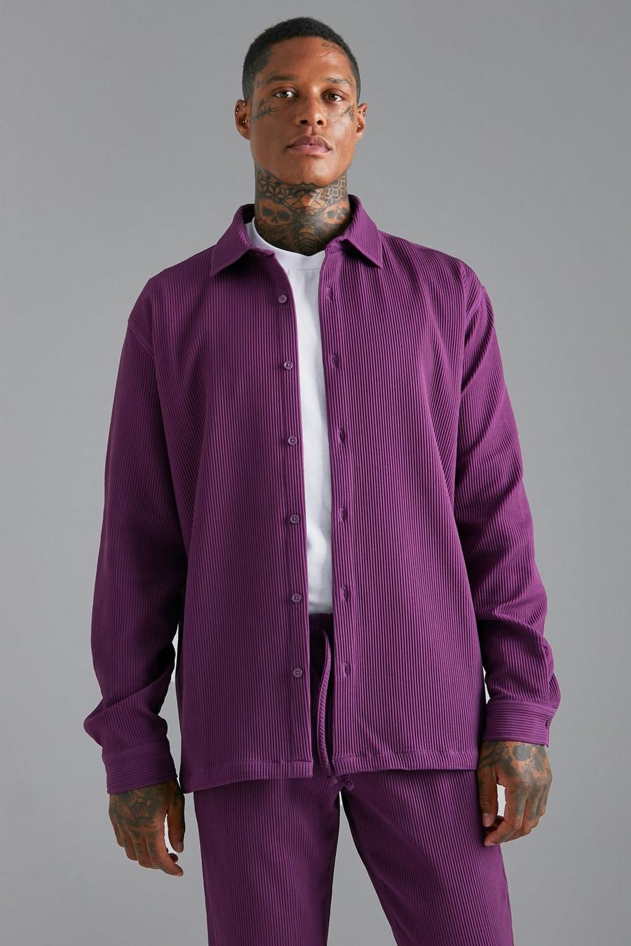 Purple Slim Long Sleeve Oversized Pleated Shirt image number 1