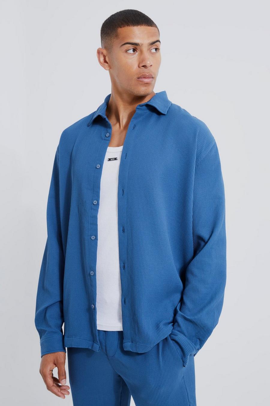 Teal green Long Sleeve Revere Pleated Shirt