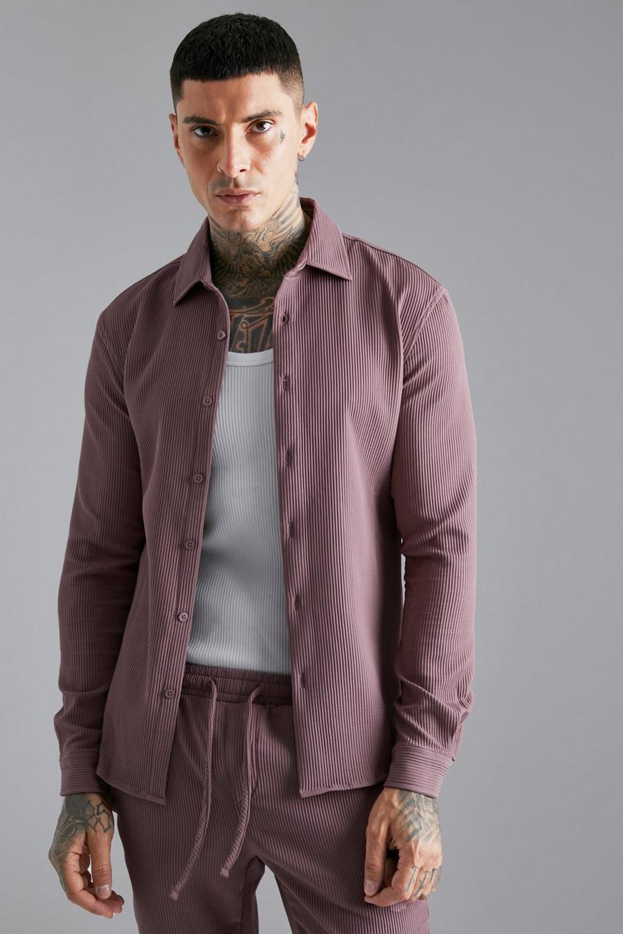 Mauve Geplooid Slim Fit Overhemd Met Lange Mouwen image number 1