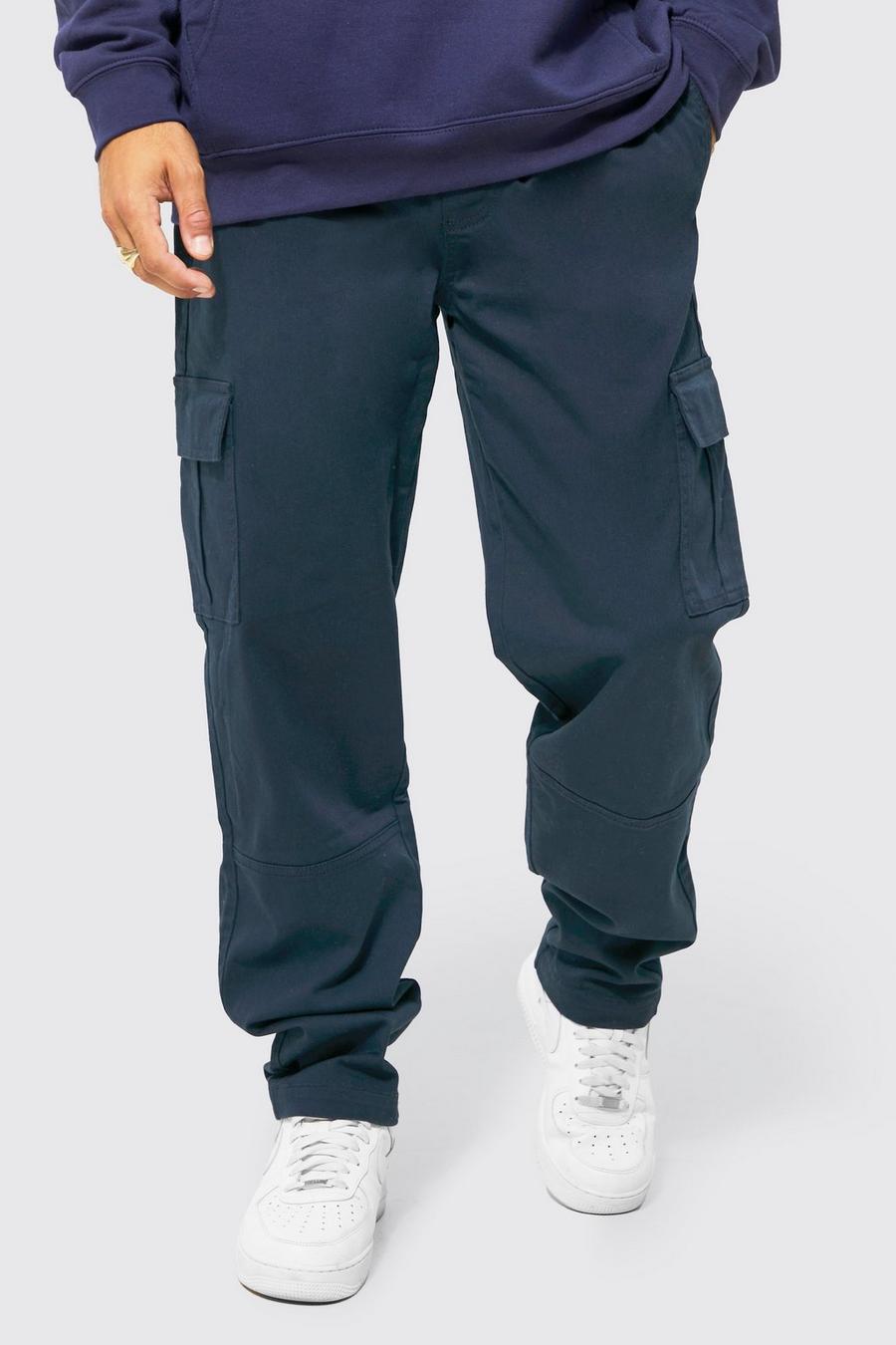 Pantalón cargo de sarga teñido con pernera ancha, Navy blu oltremare