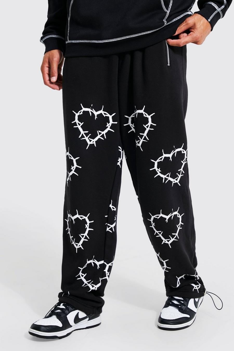 Black Tall Baggy Fit Gothic Heart Printed Jogger image number 1