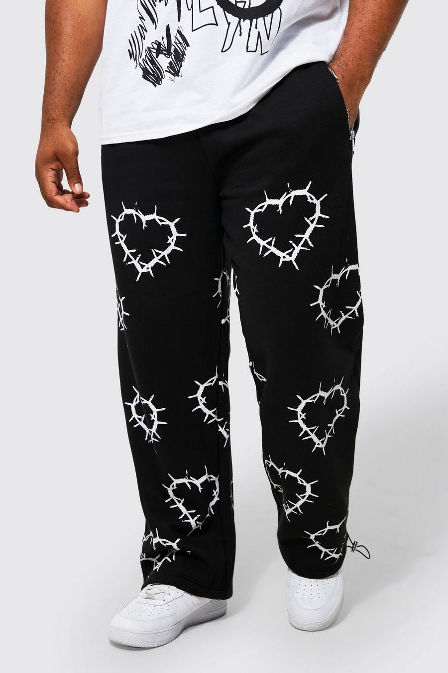 Black Plus Baggy Fit Gothic Heart Printed Jogger image number 1