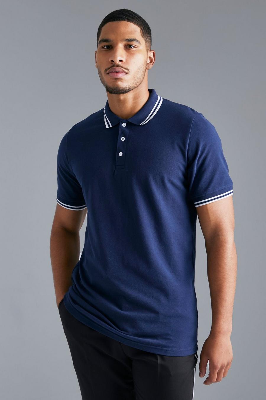 Mid navy Tall Slim Fit Tipped Pique Polo image number 1