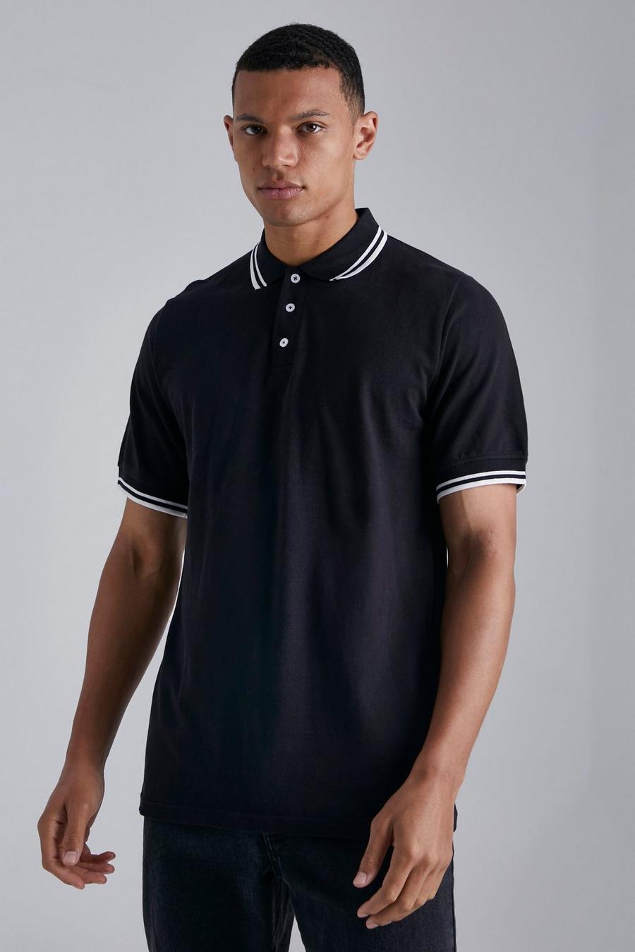 Black Tall Slim Fit Tipped Pique Polo image number 1