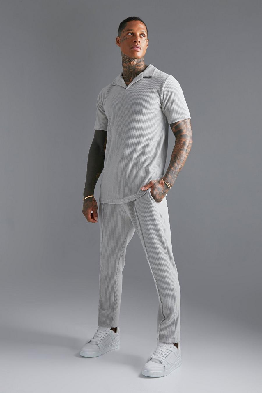 Light grey gris Heavyweight Ribbed Velour Polo And Jogger Set image number 1
