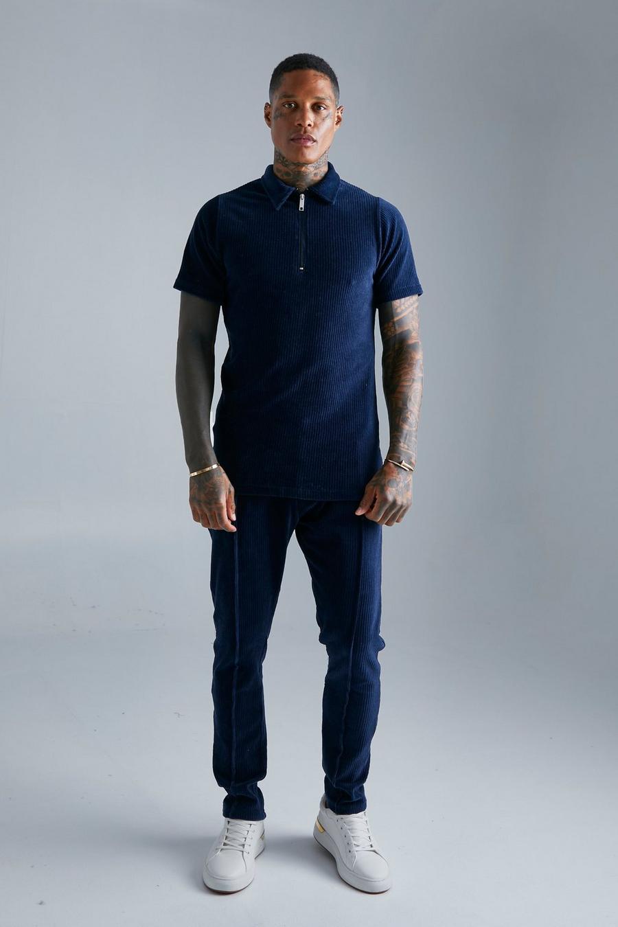 נייבי azul marino סט ארוג של מכנסי טרנינג וחולצת פולו מבד עבה דמוי קטיפה