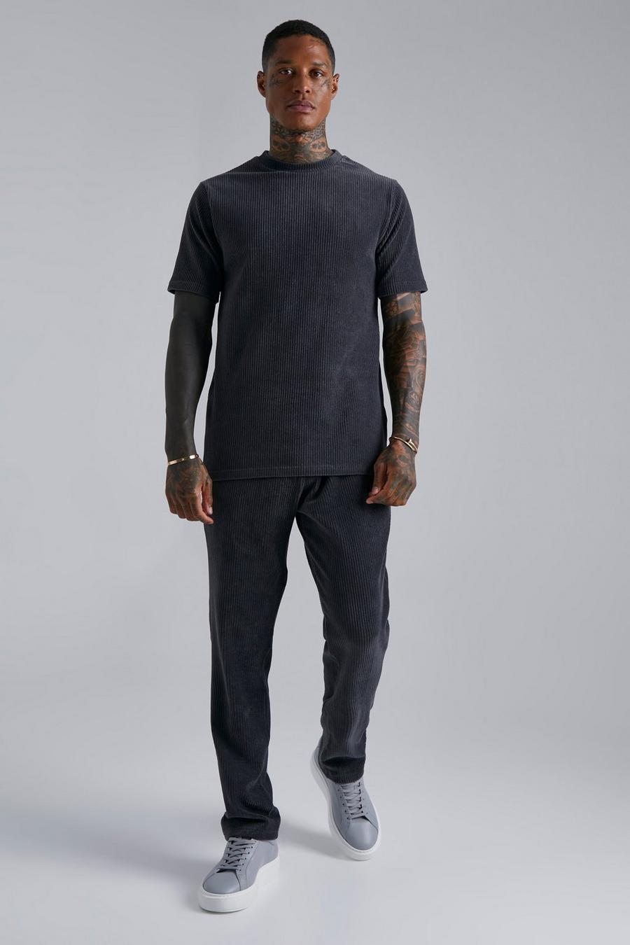 Charcoal gris Dik Geribbeld Velours T-Shirt En Joggingbroek Set