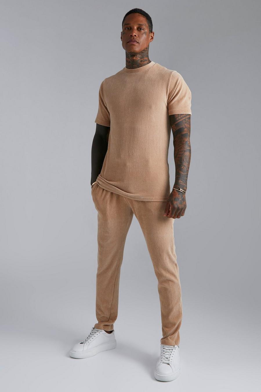 Taupe Heavyweight Ribbed Velour T-shirt & Jogger Se image number 1