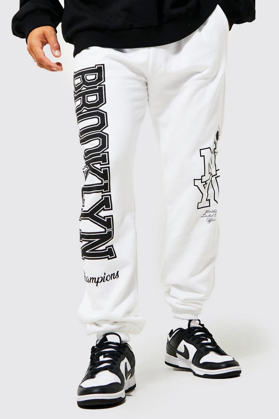 White Regular Fit Brooklyn Varsity Graphic Joggers image number 1