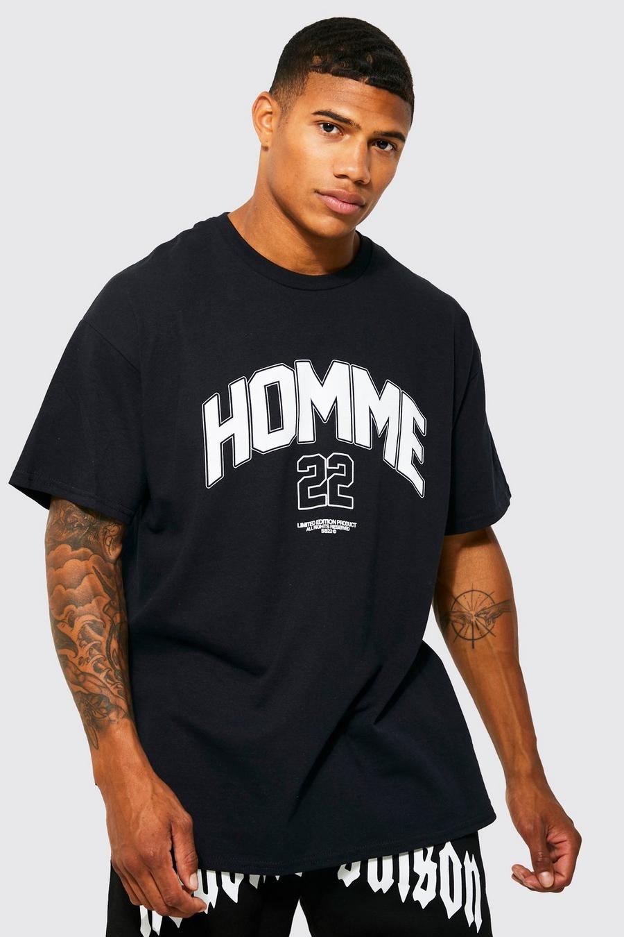 Camiseta oversize con estampado de equipo universitario Homme, Black nero image number 1