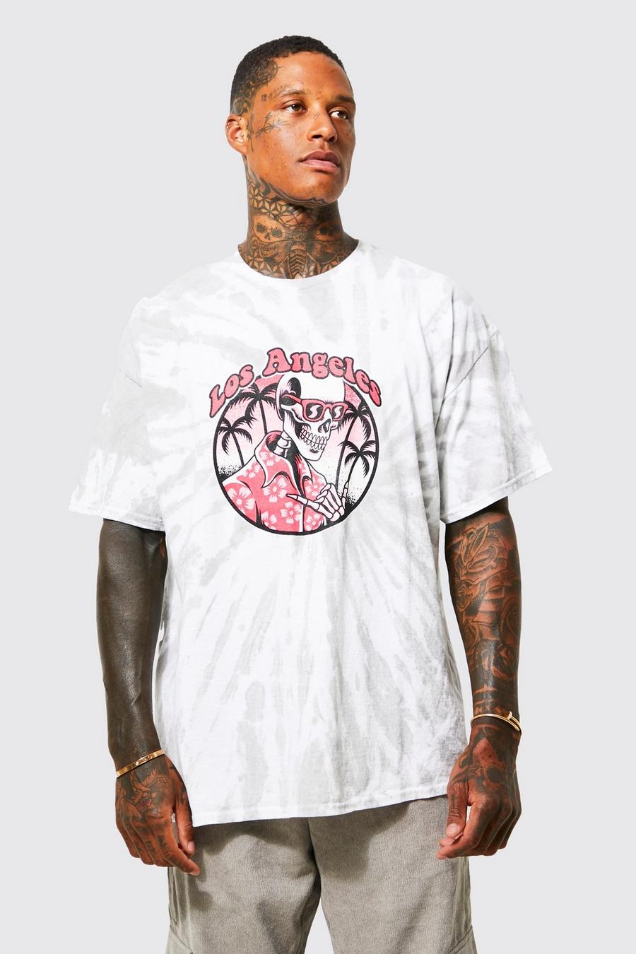 Camiseta oversize con desteñido anudado y estampado gráfico de calavera, Grey image number 1