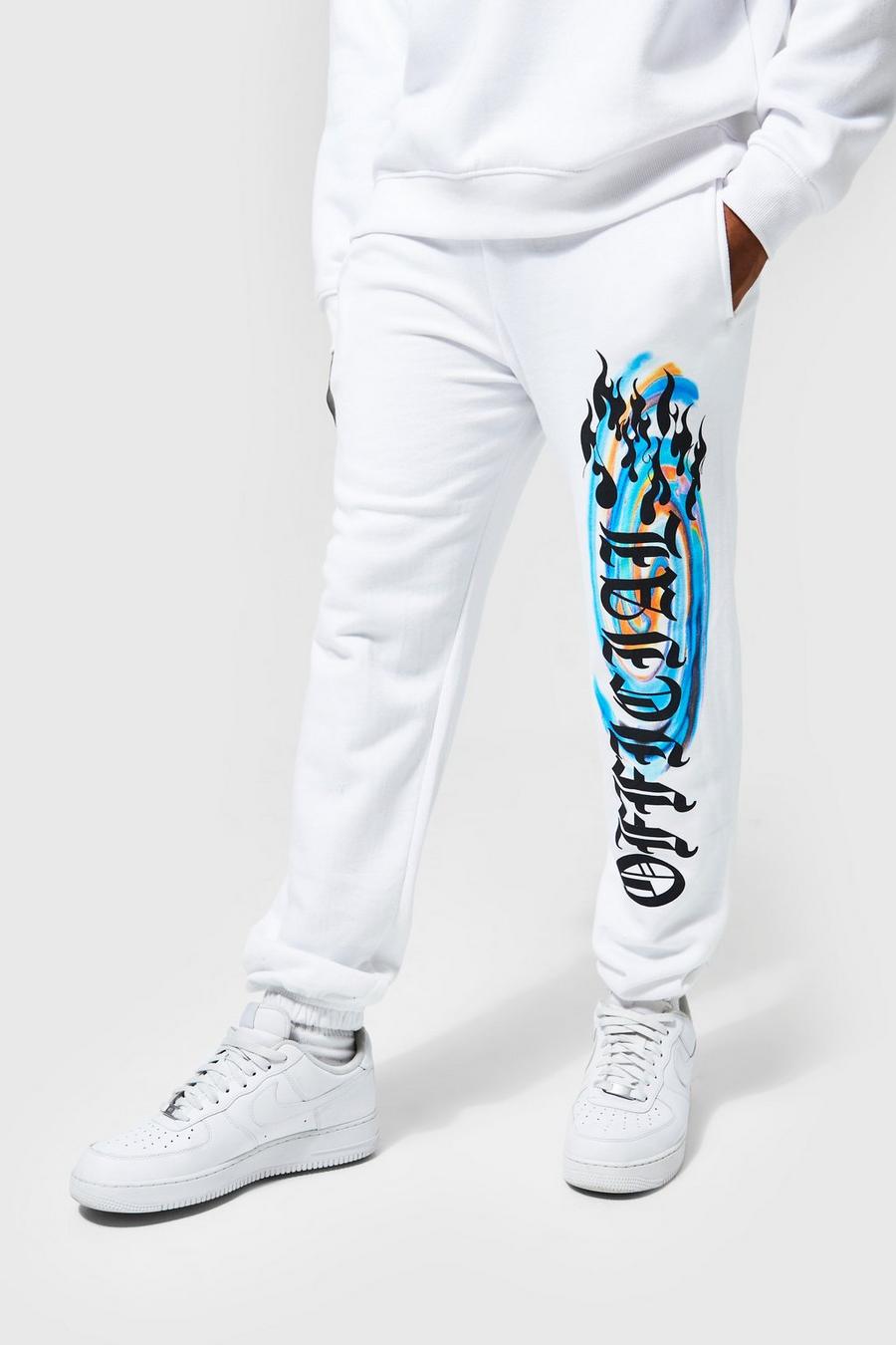 Pantalón deportivo Regular con estampado gráfico de arcoíris y llamas, White image number 1