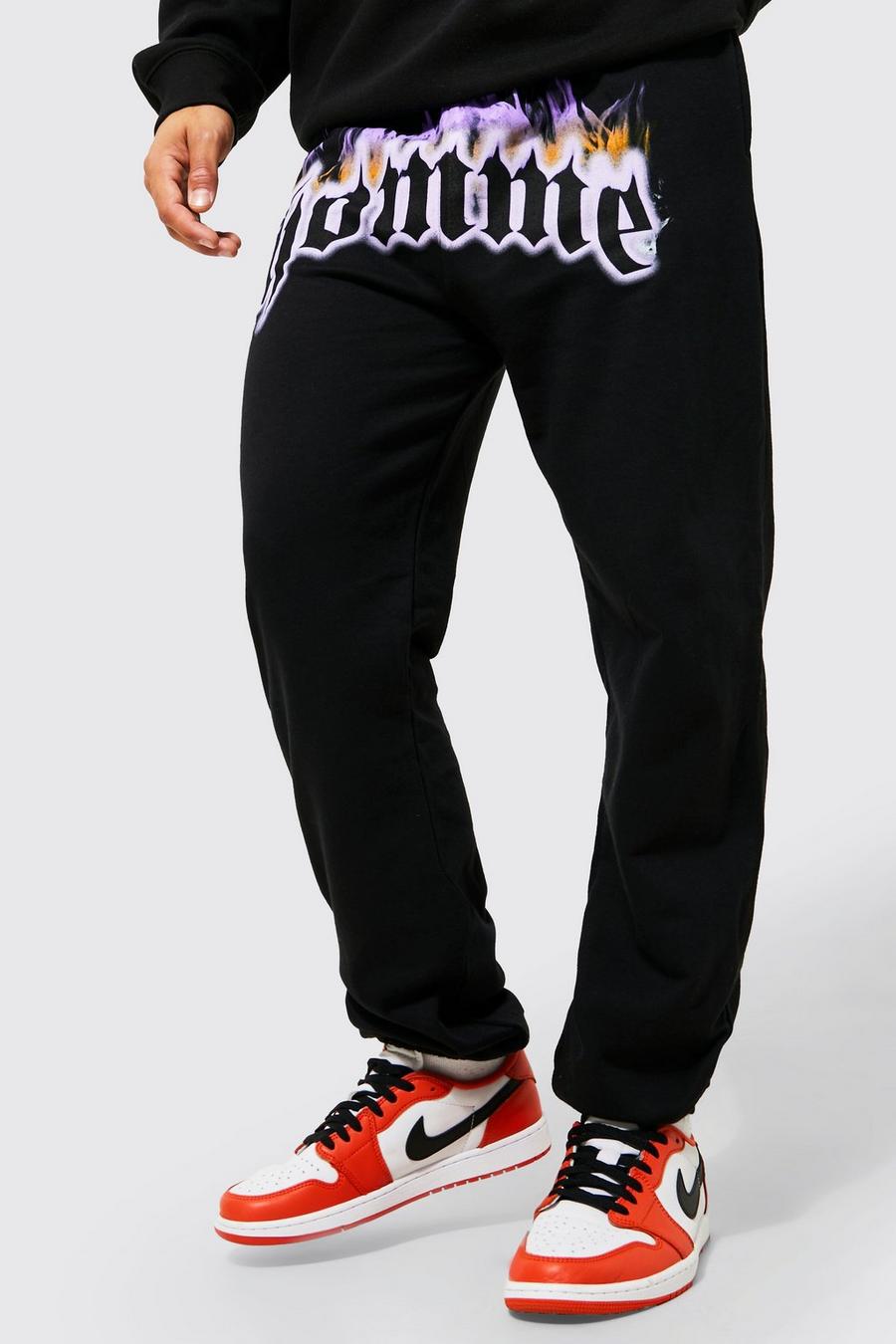 Black Regular Fit Flame Homme Graphic Joggers