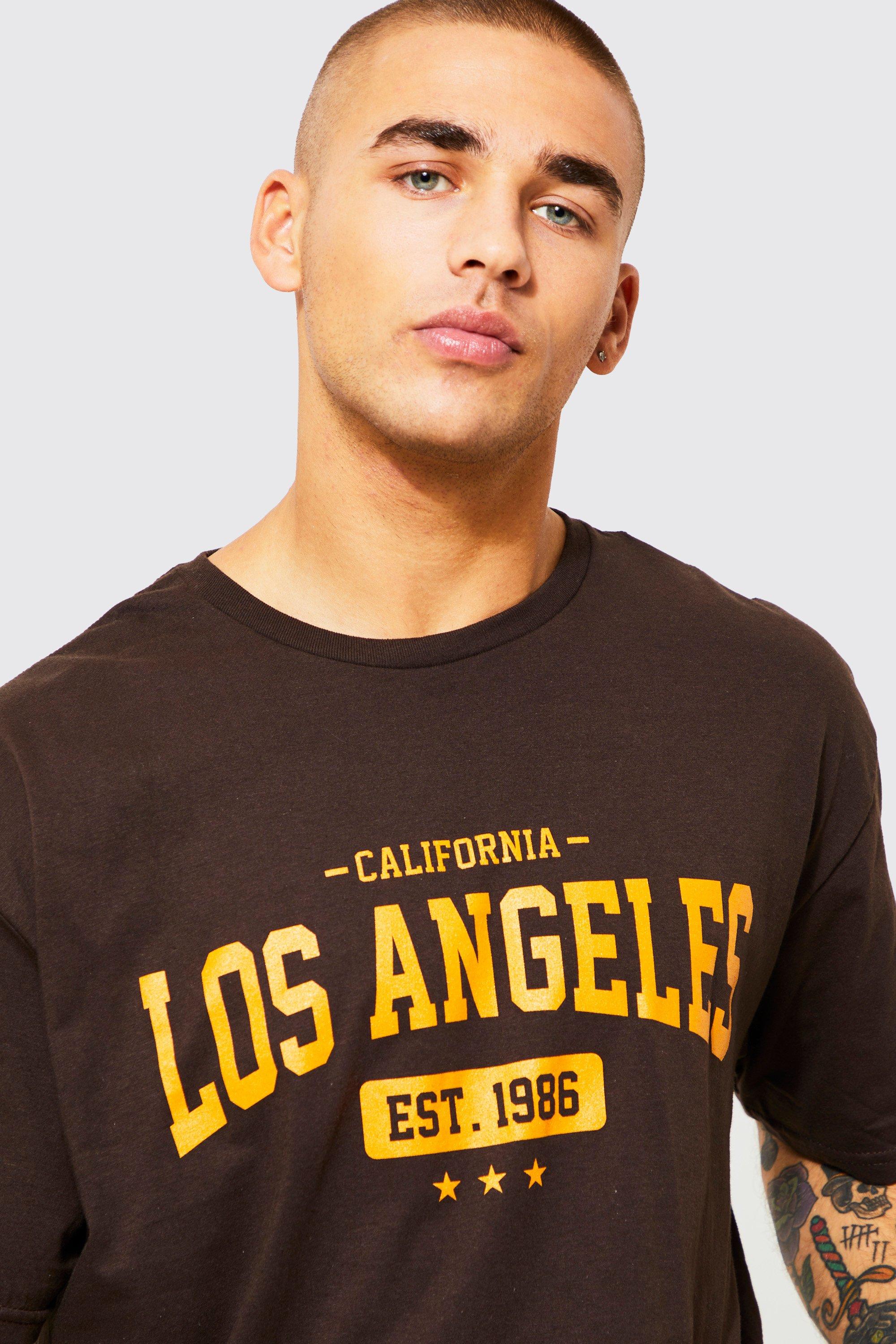 boohoo Mens Oversized La Varsity Graphic T-Shirt - Brown XS