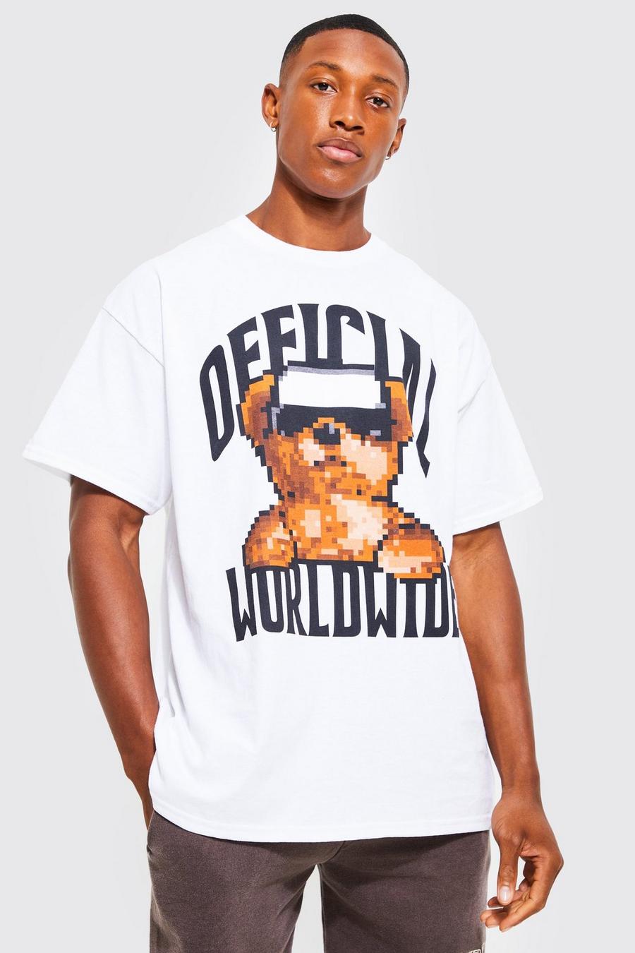 White Oversized Pixelated Teddy Graphic T-shirt