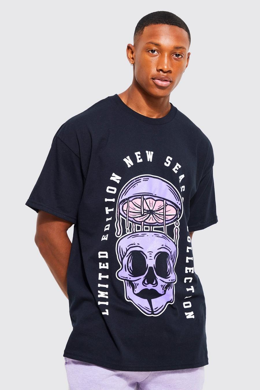 Camiseta oversize con estampado gráfico de calavera, Black nero image number 1