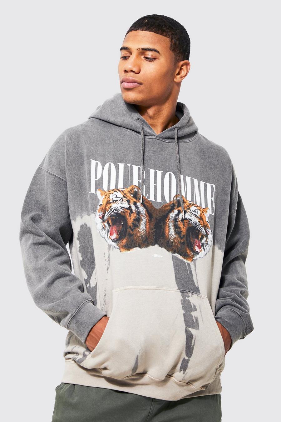 Grey Oversize batikmönstrad hoodie med tiger image number 1