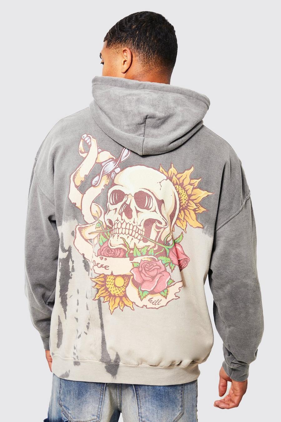 Grey Oversized Bleach Tie Dye Skull Graphic Hoodie UCOM2CX0699A38001 image number 1