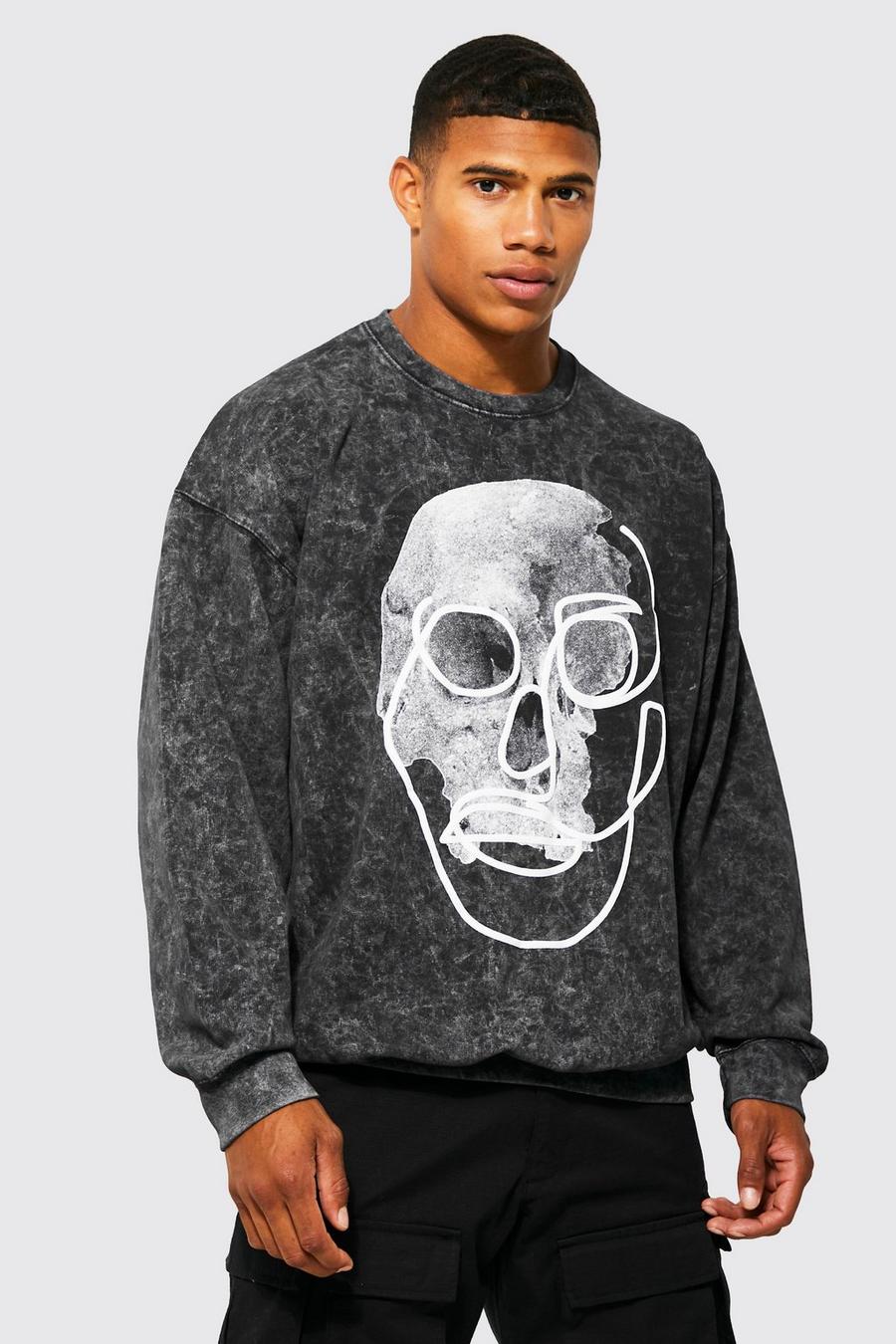 Charcoal grå Oversize sweatshirt med stentvättad effekt och dödskalle
