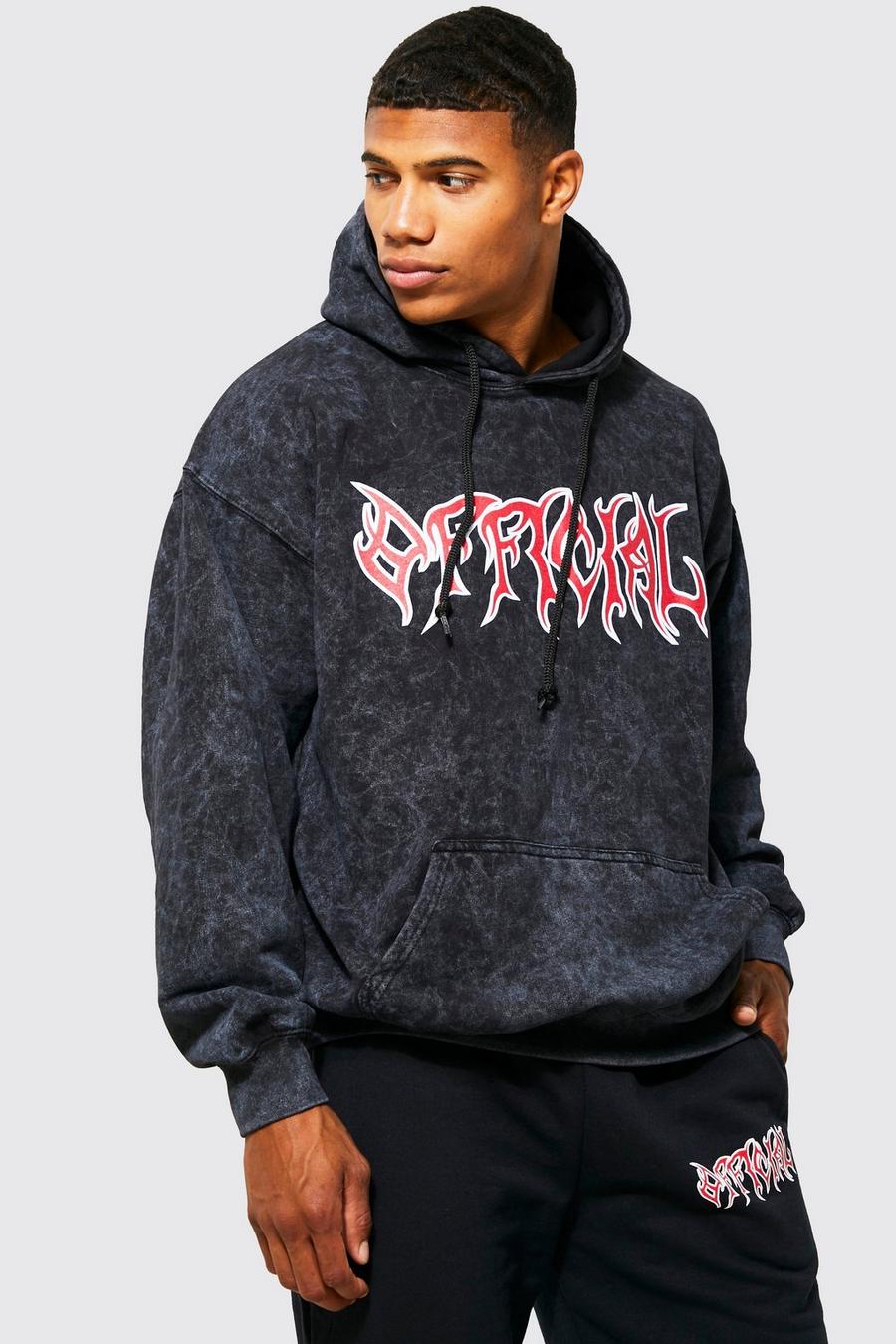 Black Oversized Official Graphic Acid Wash Hoodie