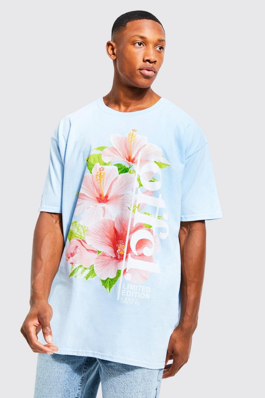 Pale blue azzurro Oversized Offcl Floral Graphic T-shirt