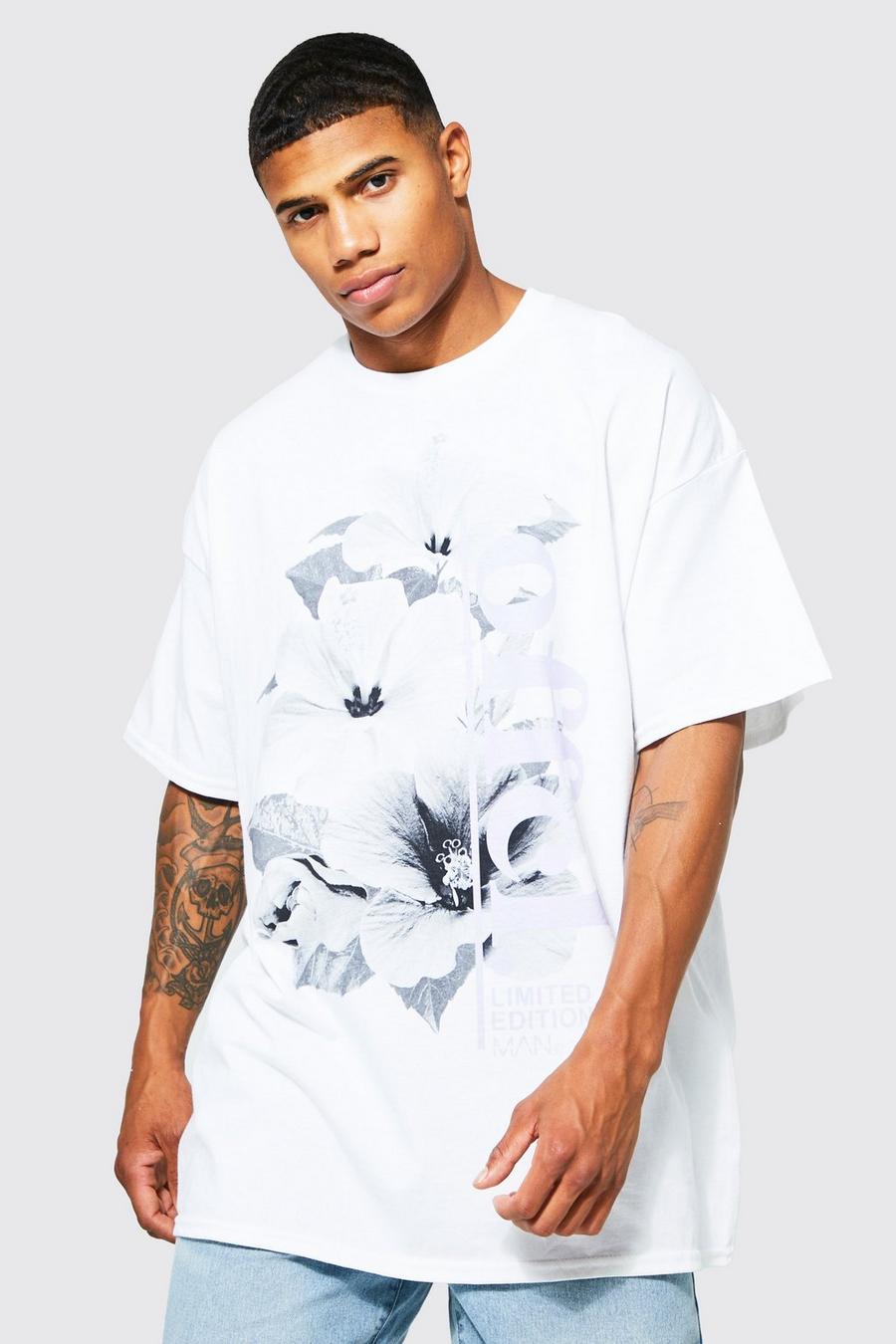 Camiseta oversize Offcl con estampado gráfico de flores, White blanco image number 1